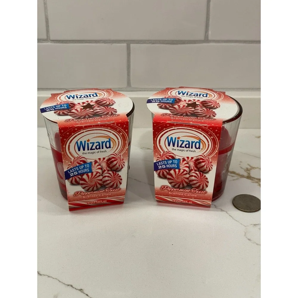 Wizard Peppermint Twist Scented Candle Lot of 2‎ Red 3 oz 25 Hours Holiday New